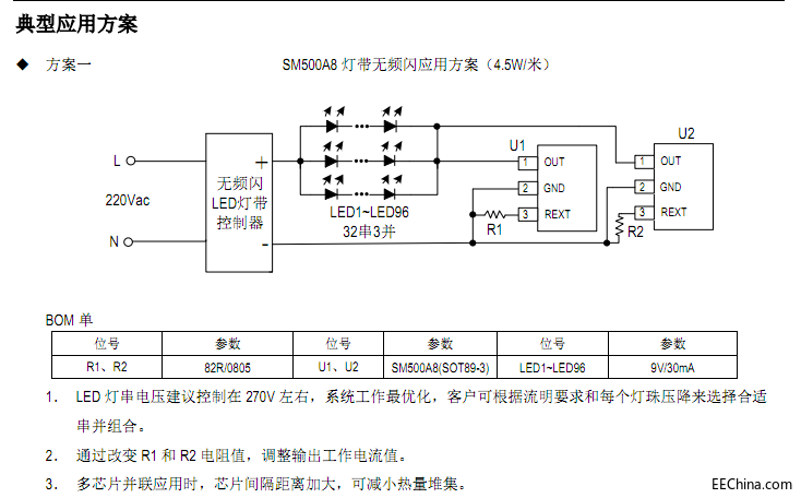深圳中山全新第二代高壓側光源燈帶線性恒流方案SM500A8產品資料特點分析
