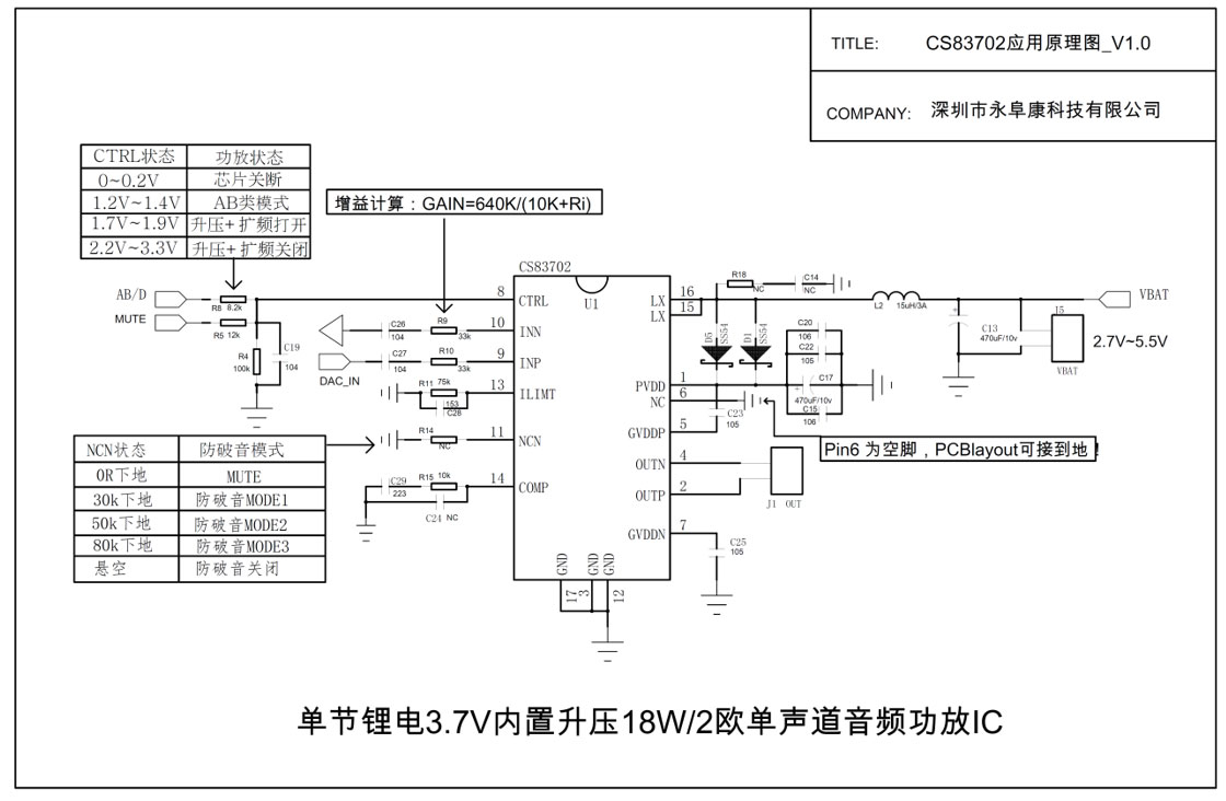 CS83702  單節鋰電3.7V內置升壓18W/2歐單聲道音頻功放IC解決方案