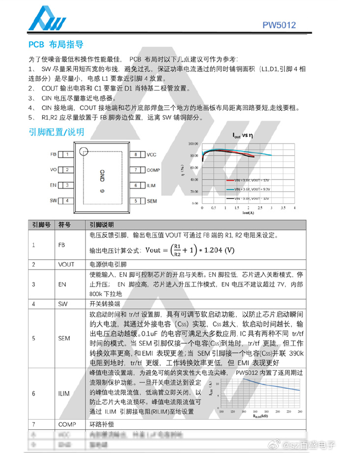 PW5012 ESOP8封裝 集成22mΩ功率開關管的高功率異步升壓轉換器IC